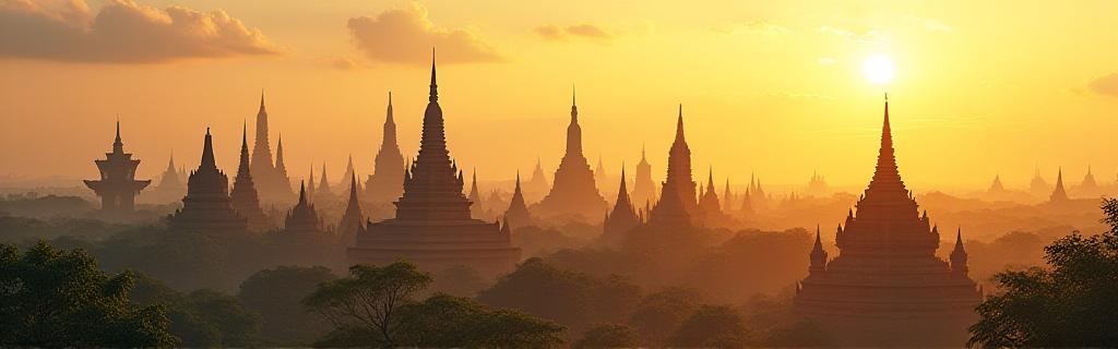 Panorama bangunan seni bina unik Asia Tenggara dengan langit keemasan